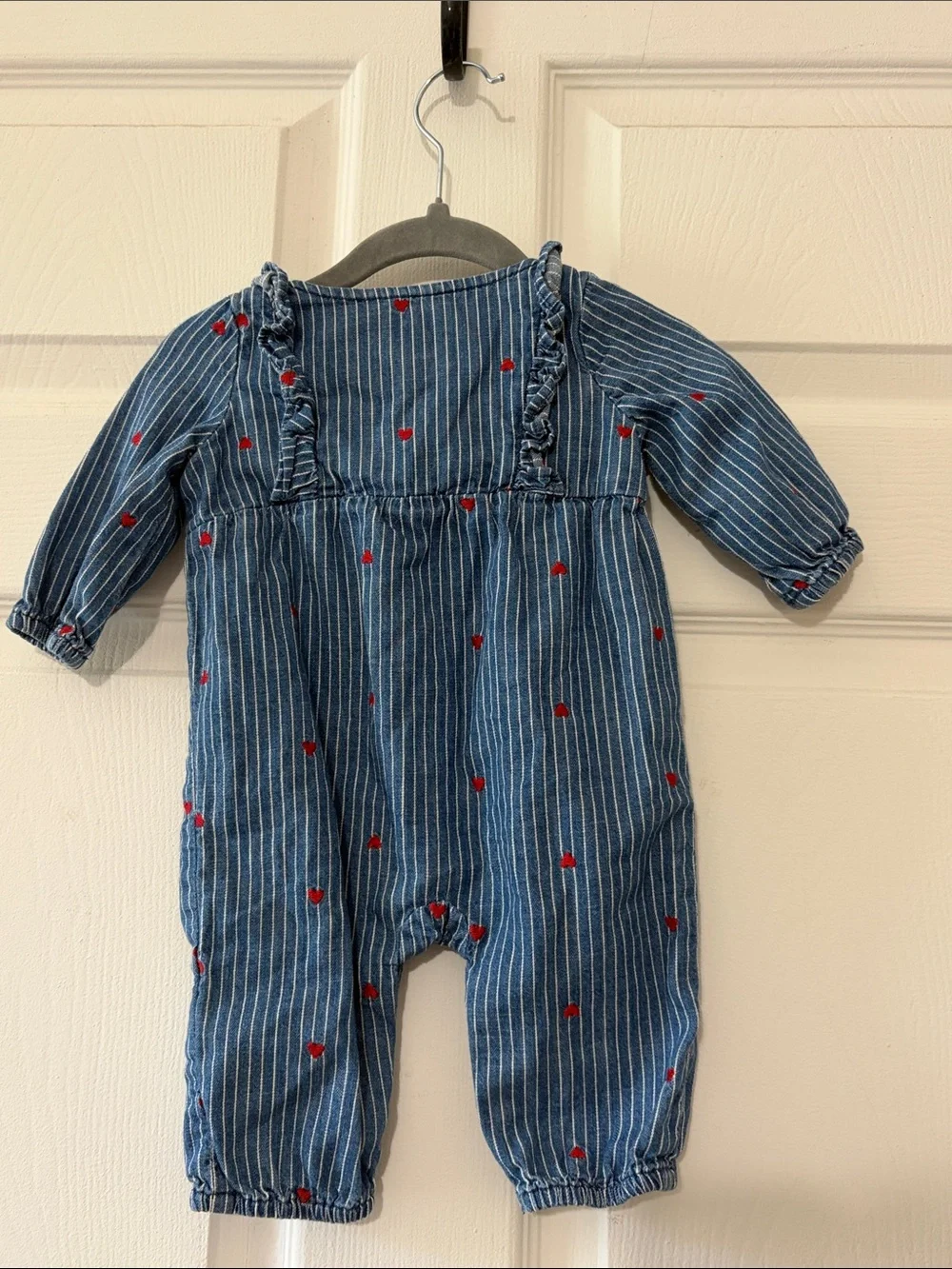GAP Blue Pinstripe Baby Romper with Red Heart Accents